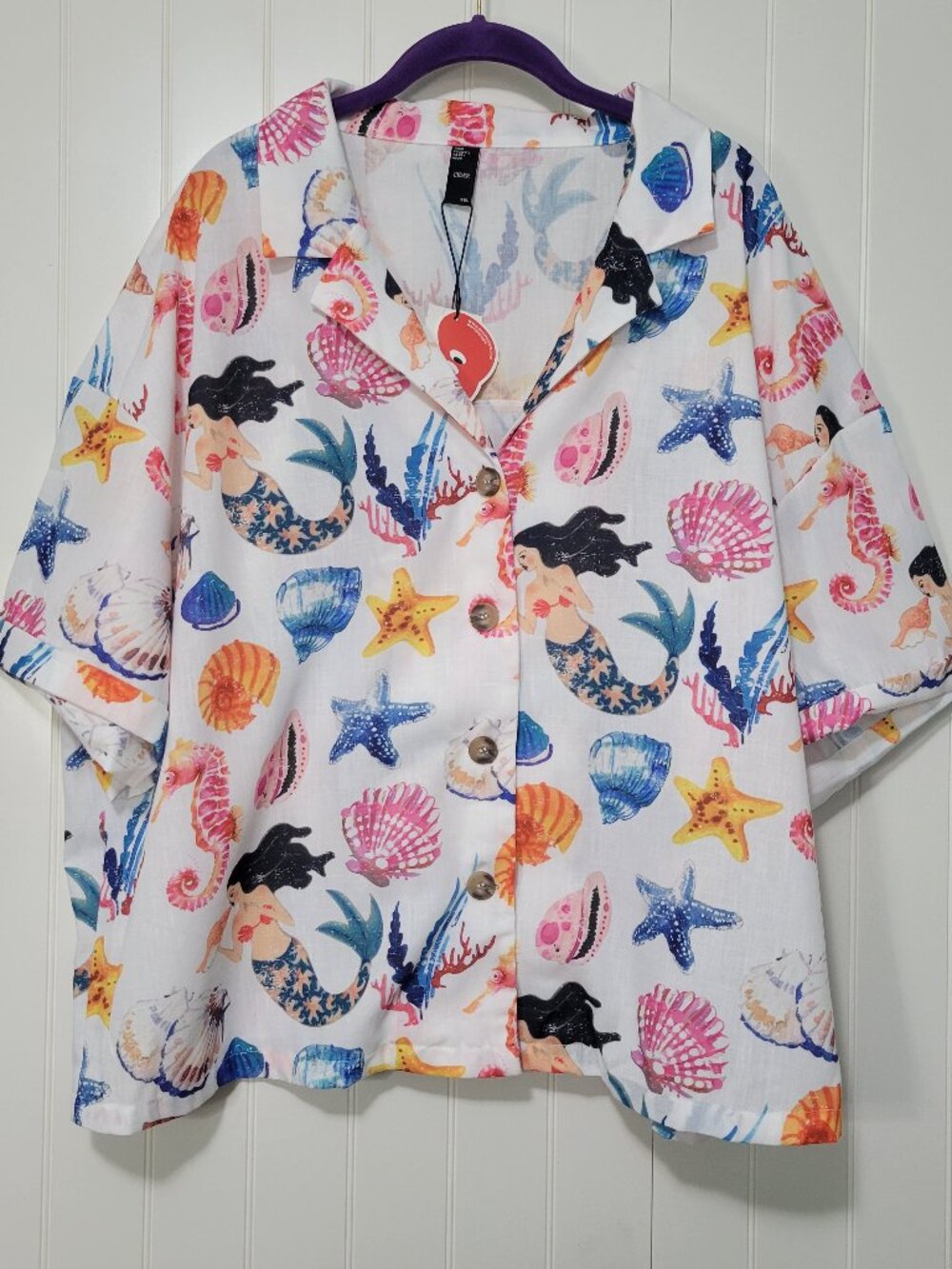 3XL Mermaidcore Oceancore Sealife Beach Coastal Graphic Print Button-Up Shirt